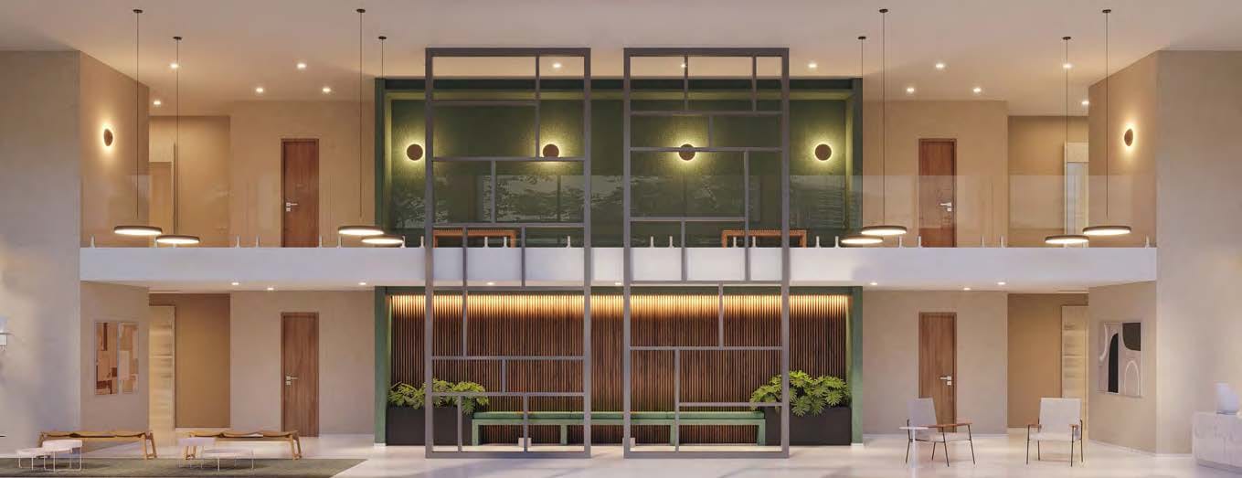 Lobby de entrada do Astra com pé-direito duplo e design contemporâneo