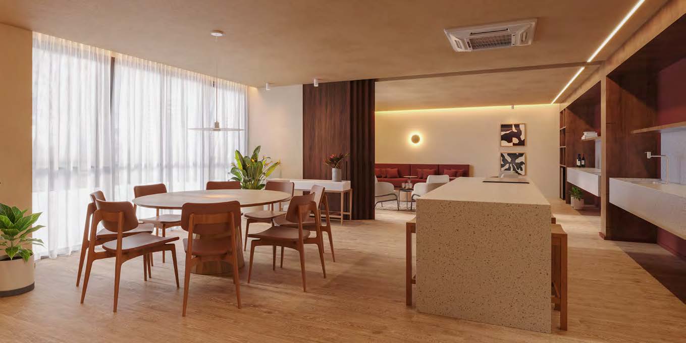 Espaço gourmet integrado do Astra com wine bar e sala de estar
